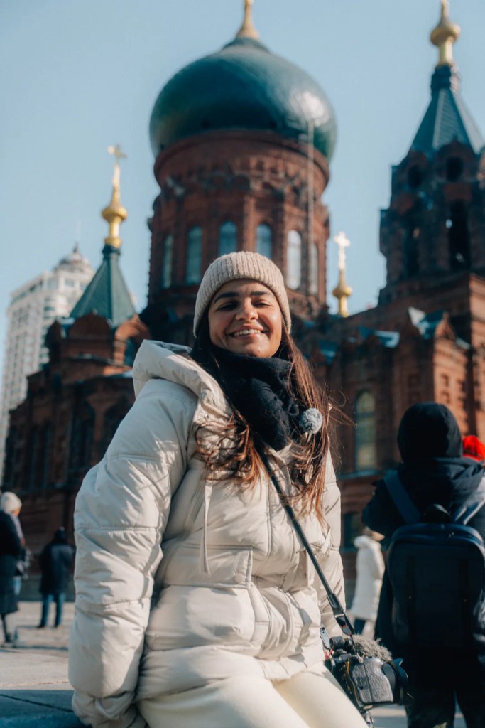 Woman in front of St Sophia Cathedral